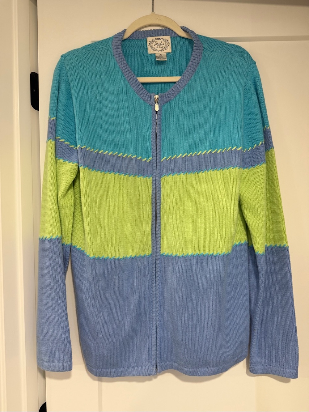 Vintage Stitches in Time Zip-Front Colorblock Sweater Jacket - Blue & Lime